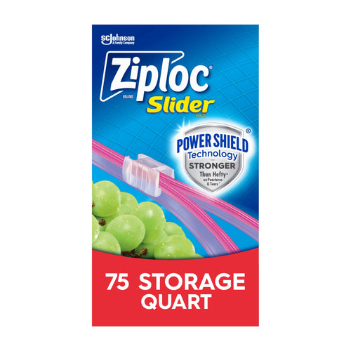 Portrait retail-style Ziploc Slider packaging showing a slider zipper, Power Shield badge and ‘75 Storage Quart’ label.