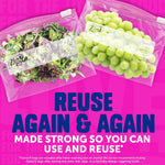 Two Ziploc Slider bags filled with salad greens and green grapes over pink background with large reuse messaging