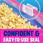 Close-up of Ziploc slider seal with popcorn below and text highlighting a confident, easy-to-use seal