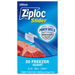 Ziploc Slider freezer quart box front with Power Shield badge and '50 Freezer Quart' label against white background