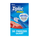 Ziploc Slider freezer quart box front showing Power Shield badge, slider graphic and steak image with '50 Freezer Quart' text