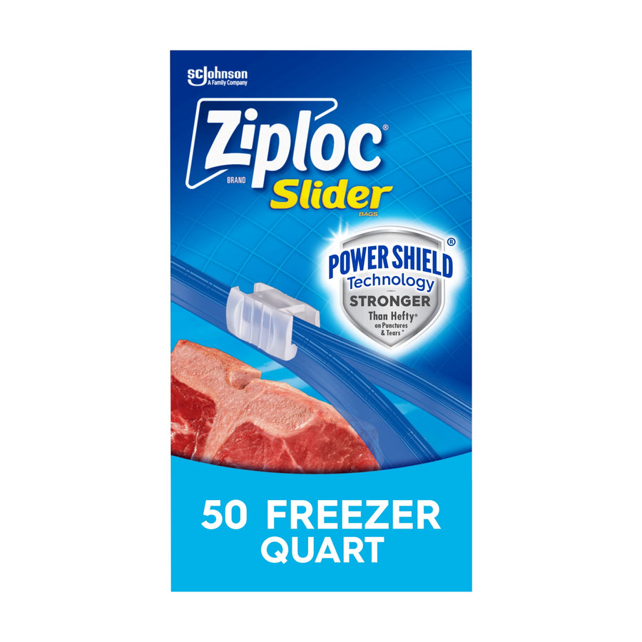 Ziploc Slider freezer quart box front showing Power Shield badge, slider graphic and steak image with '50 Freezer Quart' text