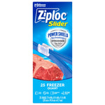 Full product box image of Ziploc Slider freezer quart bags featuring Power Shield Technology badge and a raw steak photo