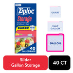 Ziploc Storage slider box artwork showing a pack of gallon storage bags, product icons and '40 gallon bags' callout