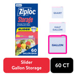 Ziploc Slider gallon storage box artwork showing a filled bag, size icons, and ‘60 gallon bags’ callout on white background.