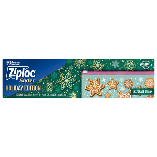 Wide package-style image of Ziploc Slider Holiday Edition box featuring snowflake and gingerbread cookie patterned bag.