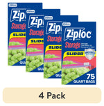 Four Ziploc Slider quart bags product boxes arranged in a staggered row with grapes image and “4 Pack” label below.