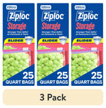 Three vertical Ziploc Storage slider quart bag boxes showing grapes image and '25 quart bags' text