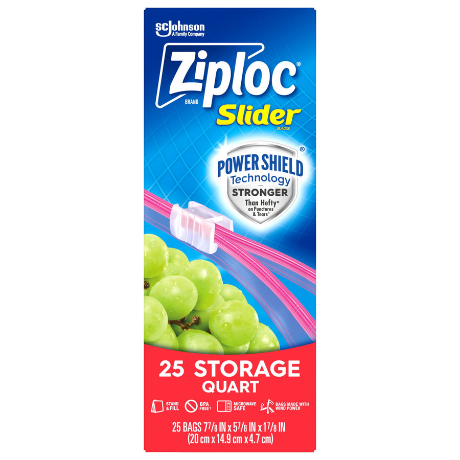 Ziploc Slider quart storage box front art showing grapes, slider seal and '25 storage quart' label