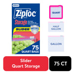 Ziploc Slider quart bags retail box with icons for quart/half-gallon/gallon sizes and callouts for slider quart storage.