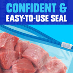 Close-up of a slider-style Ziploc freezer bag filled with cubed raw meat, highlighting the easy-to-use slider seal