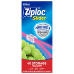 Vertical pack art for Ziploc Slider with Power Shield Technology emblem, pink zipper graphic and '40 storage gallon' copy