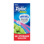 Vertical product panel showing Ziploc Slider packaging art with grapes, a slider, and ‘60 Storage Gallon’ text.