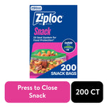 Front-facing Ziploc snack bags box with bold logo, green textured zipper graphic and '200 snack bags' callout