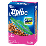 Angled package photo of Ziploc snack bags box showing front and side panels, EasyGuide badge and pretzel imagery