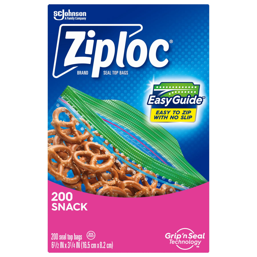 Blue-front product box for Ziploc snack bags featuring EasyGuide badge, zipper closeup and '200 snack' label