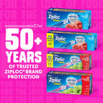 Promotional graphic showing stacked boxes of Ziploc Slider products and text "50+ Years of trusted Ziploc brand protection"