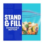 Promotional graphic showing a Ziploc bag with mixed frozen vegetables and text highlighting stand-and-fill expandable bottom