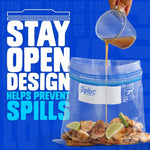 Ziploc bag being filled from a measuring cup with bold text highlighting 'Stay open design helps prevent spills'