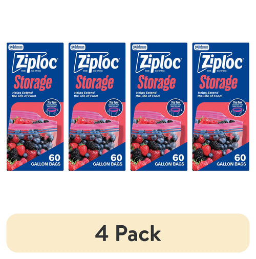 Four identical Ziploc Storage gallon bag boxes in a row showing packaging artwork with berries and blue design.