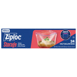 Horizontal Ziploc Storage box label with a clear half-gallon bag holding marinated chicken and branding