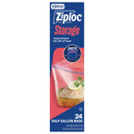 Narrow vertical Ziploc Storage box front with brand logo, stand-and-fill icon and marinated chicken in a clear bag