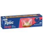 Perspective view of Ziploc Storage half-gallon box with branding, bag image and 24 count label