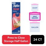 Tall product graphic showing Ziploc Storage half-gallon bag packaging with marinated chicken image and size icons