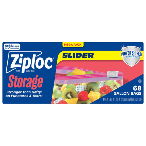 Product box front for Ziploc Storage Slider gallon bags featuring branding, fruit image, Power Shield badge, and "68" count