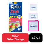 Ziploc Storage slider gallon bag packaging graphic with fruit image, branding, and large "68 gallon bags" callout