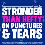 Bold typographic graphic reading 'STRONGER THAN HEFTY ON PUNCTURES & TEARS' on a blue background for Ziploc marketing.