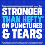 Bold typographic graphic stating 'Stronger than Hefty on punctures & tears' on a blue Ziploc-themed background