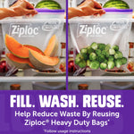 Split image showing two Ziploc heavy duty bags in a fridge - one with cantaloupe, one with Brussels sprouts - plus reuse message.