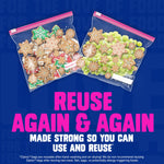 Two Ziploc slider bags with holiday cookie contents shown side-by-side over text 'REUSE AGAIN & AGAIN' on blue background.