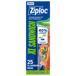 Front product box image for Ziploc XL Sandwich bags with blue branding, 25 count callout and sandwich photo