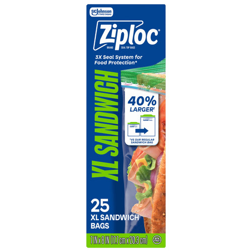 Front product box image for Ziploc XL Sandwich bags with blue branding, 25 count callout and sandwich photo