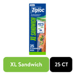 Tall product box showing Ziploc XL Sandwich branding, 40% larger callout and sandwich photo on blue packaging
