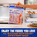 Close-up of a hand holding a filled Ziploc Zip'n Steam bag in front of a microwave with visible cooking chart printed on the bag