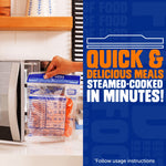 Person placing a Ziploc Zip'n Steam bag into a microwave with graphic panel reading "Quick & delicious meals steamed-cooked in minutes"