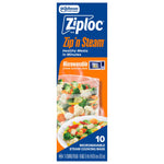 Tall product box front for Ziploc Zip'n Steam microwavable steam cooking bags showing a clear bag of mixed vegetables and "10" count callout