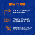 Instructional graphic on blue background titled "How to Use" with icons and steps for placing food in bag, following cooking guidelines, and opening carefully