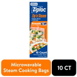 Tall product box front for Ziploc Zip'n Steam microwavable steam cooking bags with food photo and 10 count callout