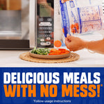 Hand holding a Ziploc Zip'n Steam bag pouring cooked vegetables onto a plate beside a microwave and bold copy reading "Delicious meals with no mess"