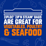 Promotional blue graphic stating Ziploc Zip'n Steam bags are great for vegetables, poultry & seafood with simple food outline illustrations