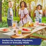 Picnic table foreground with clear Zoo Pals cups and fruit plates, children playing blurred in the background.
