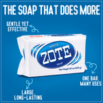 Zote white laundry soap bar on blue background with text callouts highlighting gentle, long-lasting use and one-bar versatility.