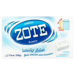 Close-up front-facing Zote Blanco laundry flakes box showing blue ZOTE logo, a soap bar image and 'Laundry flakes' text.