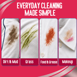 Four vertical panels showing fabric stains labeled Dirt & Mud, Grass, Food & Grease, and Makeup to illustrate cleaning scenarios for Zote soap.