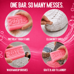 Four circular images on pink background demonstrating uses for Zote Pink soap: pretreating stains, cleaning shoes, washing brushes, and grating soap.
