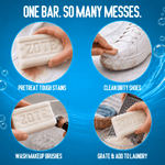 Four circular images depicting Zote bar used to pretreat stains, clean shoes, wash makeup brushes, and grate into laundry on blue wave background.